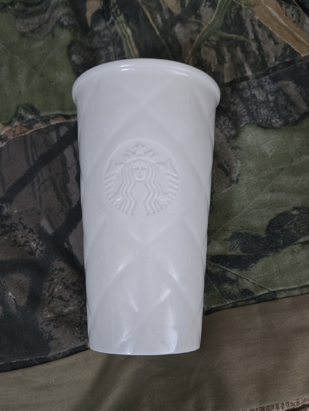 Starbucks White Quilted Ceramic Travel Cup with Embossed Logo